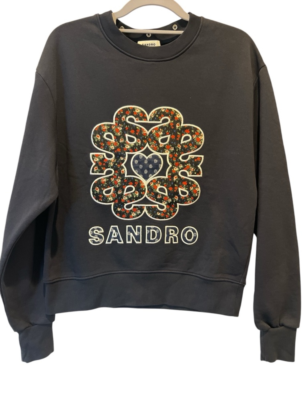 “Chic Sandro Paris logo sweatshirt in navy with embroidered graphic detail